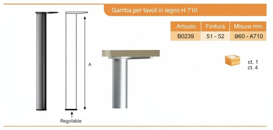 Gambe regolabili per tavolo Ø60x710mm, kit di 4 piedi per tavolo in acciaio, altezza regolabile 710-730mm (Cromo Lucido)