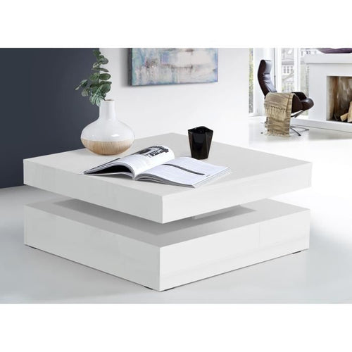 Tavolino con piano girevole - Quadrato bianco lucido - 78 x 78 x 36 cm