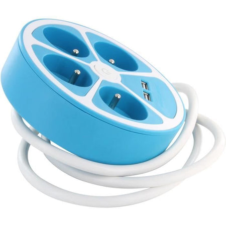 Multipresa design circolare - CHACON - 4X16 A - Cavo 1,5 m - Con 2 USB-A + Switch - Blu