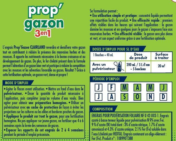 Fertilizzante liquido per prato Prop'Gazon 3 in 1 - Clairland - Concentrato 2,5 L