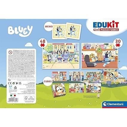 Clementoni - Edukit - Bluey - Scatola didattica 4 in 1 - 2 puzzle, 1 promemoria, 1 set da 6 cubi - Made in Italy - Dai 4 anni in su