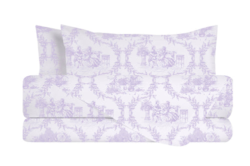 Completo letto lenzuola federe stampa digitale 100% cotone, made in italy TOILE DE JOUY VIOLETTA