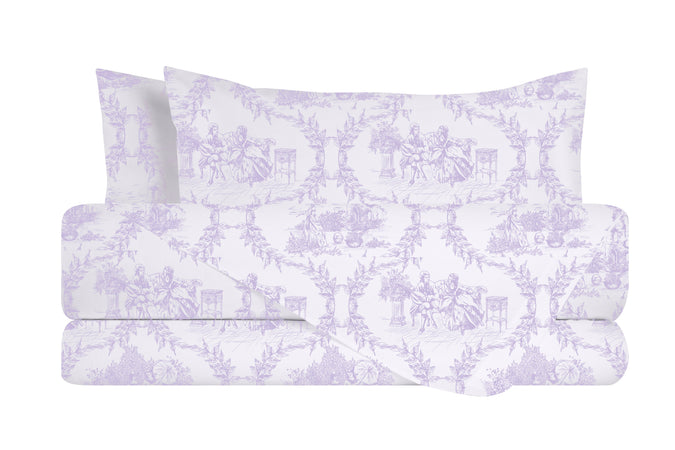 Completo letto lenzuola federe stampa digitale 100% cotone, made in italy TOILE DE JOUY VIOLETTA