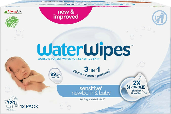 WATER WIPES waterwipes salviettine Salviette per pelle sensibile - 12 x 60 pezzi - 99,9% Acqua - Senza plastica - per pelli sensibili - 12 pacchi da 60 salviettine - 720 salviettine