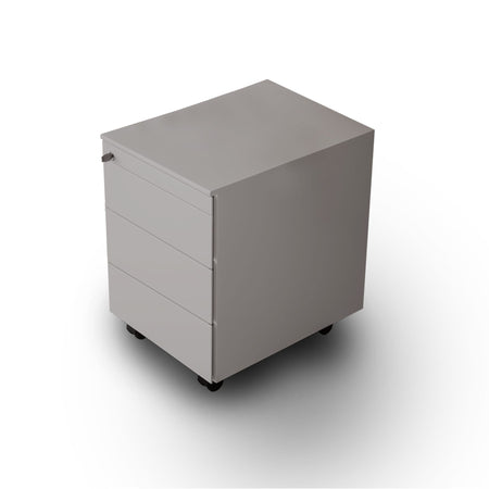 Ufficio operativo con scrivania moderna, cassettiera in metallo, libreria bassa per archivio documenti e 2 sedie ergonomiche