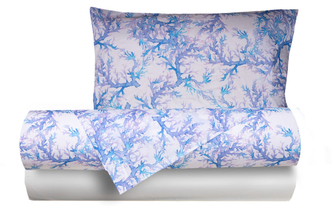 Completo letto lenzuola federe stampa digitale 100% cotone, made in italy CORALLI ACQUARELLO/BIANCO - Vanita di raso