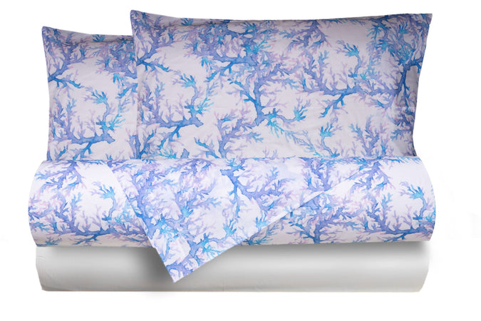 Completo letto lenzuola federe stampa digitale 100% cotone, made in italy CORALLI ACQUARELLO/BIANCO - Vanita di raso