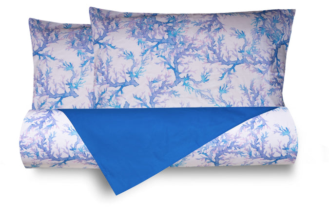 Set Copripiumino federe bifaccia Doubleface parure Copripiumino Stampa Digitale 100% Cotone Made in Italy CORALLI ACQUERELLO BLUETTE