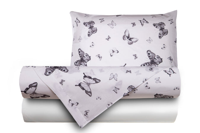 Completo letto lenzuola double face stampa digitale in cotone made in italy FARFALLE BIANCO-NERO/BIANCO