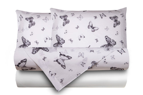 Completo letto lenzuola double face stampa digitale in cotone made in italy FARFALLE BIANCO-NERO/BIANCO