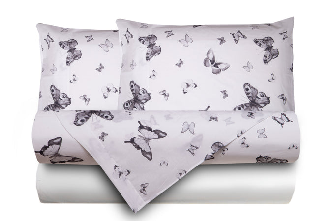 Completo letto lenzuola double face stampa digitale in cotone made in italy FARFALLE BIANCO-NERO/BIANCO