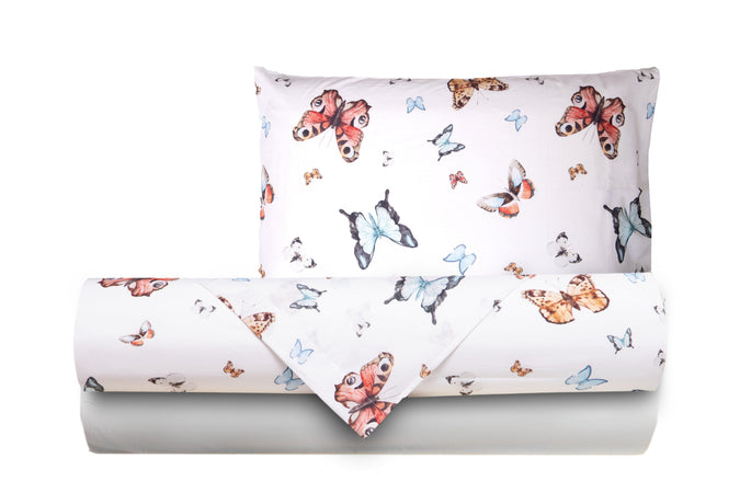 Completo letto lenzuola federe bifaccia double face stampa digitale in cotone made in italy FARFALLE MULTICOLOR/BIANCO - Vanita di raso