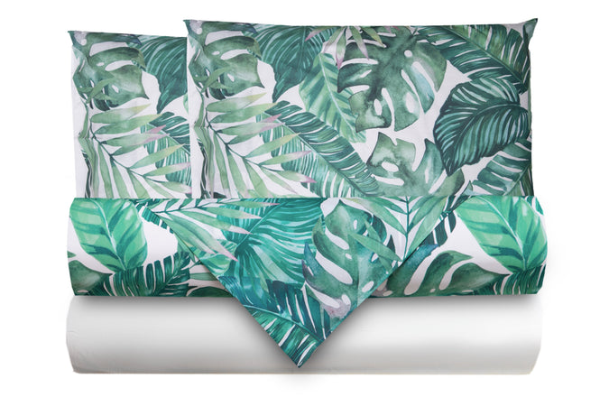 Completo letto lenzuola federe bifaccia double face stampa digitale in cotone made in italy  FOGLIE VERDI/BIANCO
