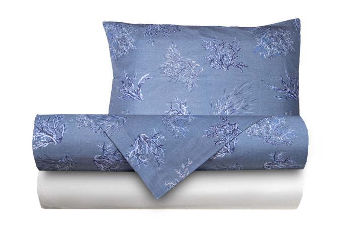 Completo letto lenzuola federe stampa digitale 100% cotone, made in italy OCEANO AZZURRO/BIANCO - Vanita di raso