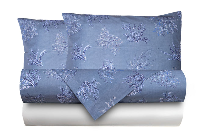 Completo letto lenzuola federe stampa digitale 100% cotone, made in italy OCEANO AZZURRO/BIANCO - Vanita di raso