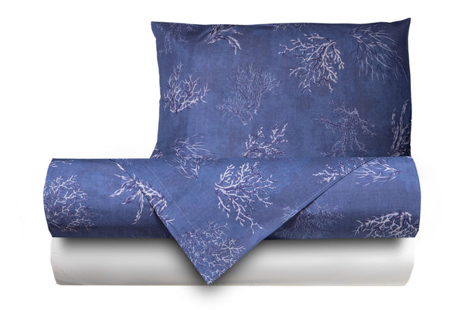 Completo letto lenzuola federe stampa digitale 100% cotone, made in italy OCEANO BLU/BIANCO