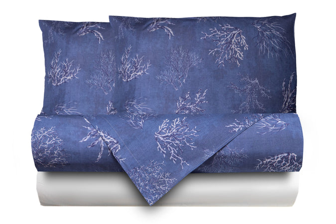 Completo letto lenzuola federe stampa digitale 100% cotone, made in italy OCEANO BLU/BIANCO