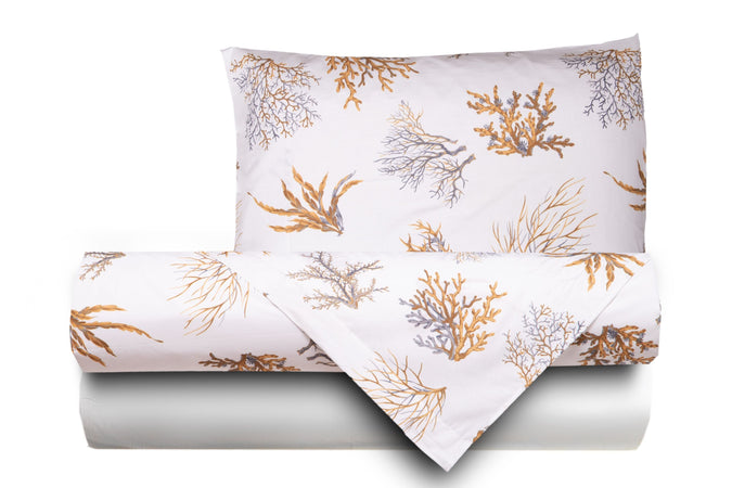 Completo letto lenzuola federe stampa digitale 100% cotone, made in italy  OCEANO OCRA/BIANCO