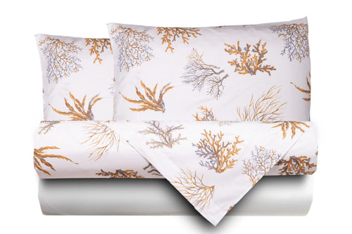 Completo letto lenzuola federe stampa digitale 100% cotone, made in italy  OCEANO OCRA/BIANCO