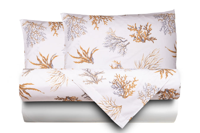 Completo letto lenzuola federe stampa digitale 100% cotone, made in italy  OCEANO OCRA/BIANCO