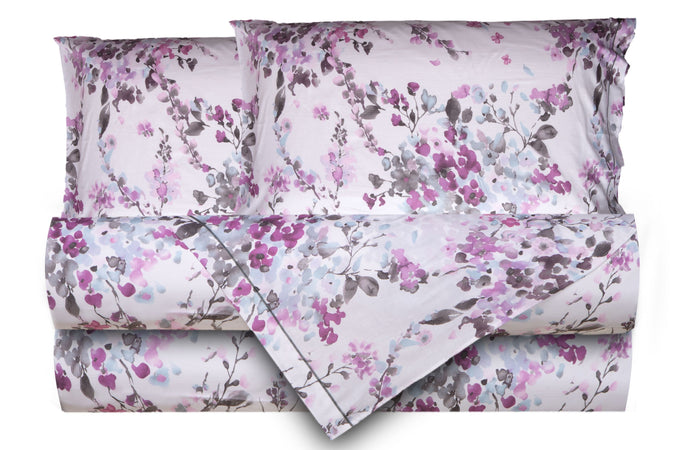 Completo letto lenzuola federe letto stampa fantasia 100% cotone Made in Italy FIORI ACQUARELLO VIOLA - SmartDecoHome
