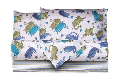 Completo letto lenzuola federe letto stampa fantasia 100% cotone Made in Italy GATTI AZZURRO