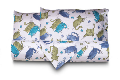 Set copripiumino federe letto parure copripiumino stampa fantasia 100% cotone Made in Italy  GATTI AZZURRO