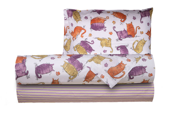 Completo letto lenzuola federe letto stampa fantasia 100% cotone Made in Italy GATTI ARANCIONE - SmartDecoHome