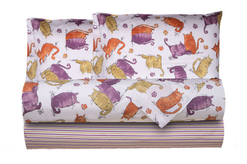Completo letto lenzuola federe letto stampa fantasia 100% cotone Made in Italy GATTI ARANCIONE - SmartDecoHome
