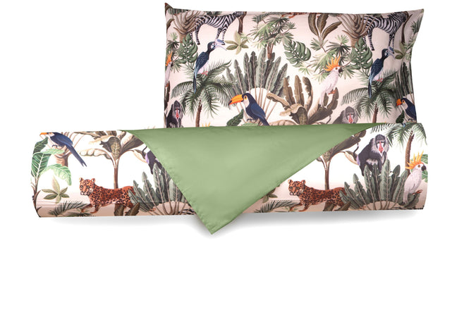 Set Copripiumino federe bifaccia Doubleface parure Copripiumino Stampa Digitale Cotone Made in Italy GIUNGLA/SALVIA