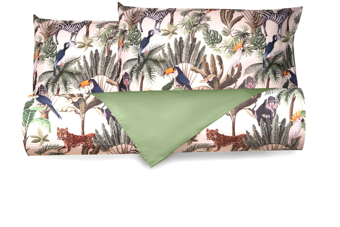 Set Copripiumino federe bifaccia Doubleface parure Copripiumino Stampa Digitale Cotone Made in Italy GIUNGLA/SALVIA