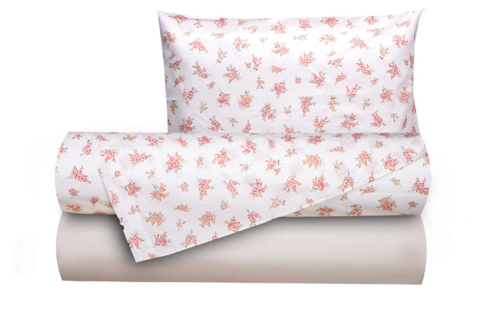 Completo letto lenzuola federe bifaccia double face stampa digitale in cotone made in italy FIORELLINI/PANNA