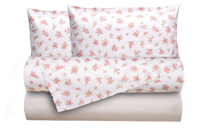 Completo letto lenzuola federe bifaccia double face stampa digitale in cotone made in italy FIORELLINI/PANNA