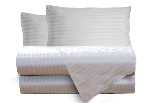 Completo letto lenzuola raso spigato rigato BIANCO - Vanita di raso