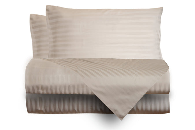 Completo letto lenzuola raso spigato rigato CREMA