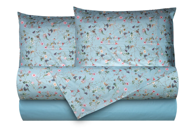 Completo letto lenzuola federe bifaccia double face stampa digitale in cotone made in italy RISVEGLIO DI PRIMAVERA/AZZURRO