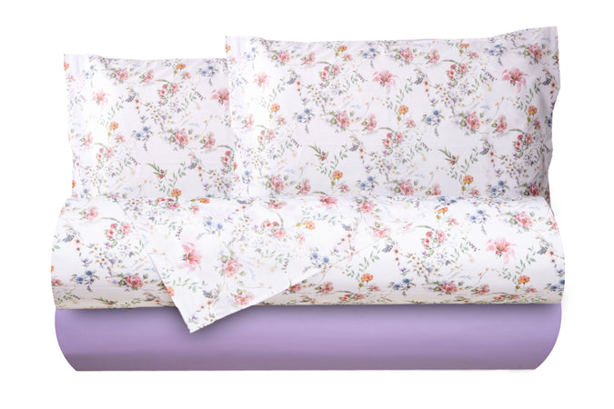 Completo letto lenzuola federe bifaccia double face stampa digitale in cotone made in italy SOTTOBOSCO/LILLA