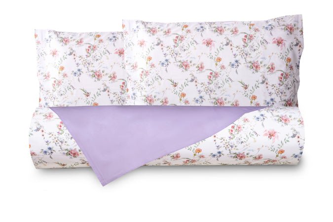 Set Copripiumino federe bifaccia Doubleface parure Copripiumino Stampa Digitale 100% Cotone Made in Italy SOTTOBOSCO/LILLA