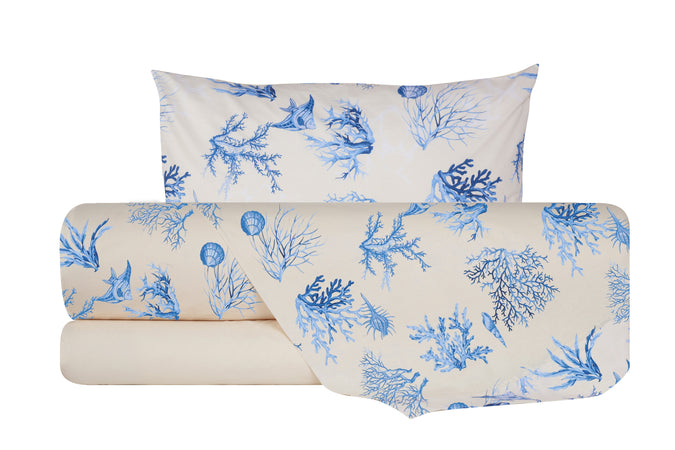 Completo letto lenzuola federe bifaccia double face stampa digitale in cotone made in italy  CORALLI BLU /NATURALE
