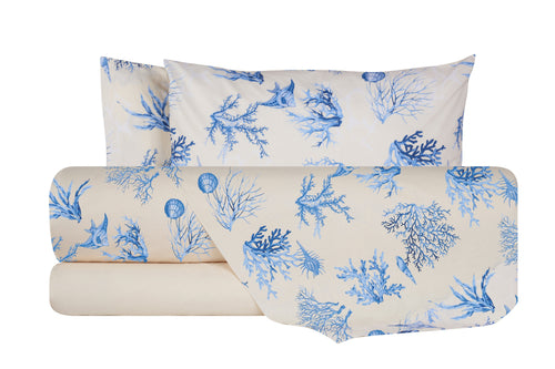 Completo letto lenzuola federe stampa digitale 100% cotone, made in italy CORALLO BLU/NATURALE