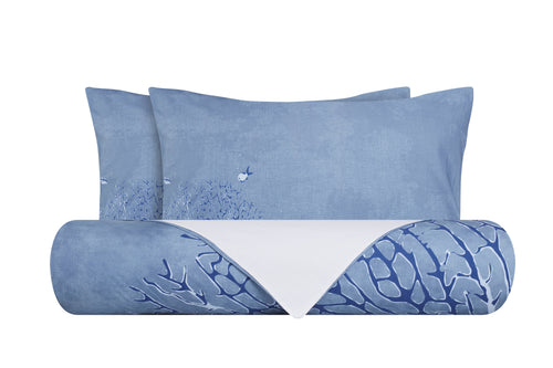Set Copripiumino Federe Bifaccia Parure Copripiumino in Cotone Made in Italy Coralli 3 Pesci Mare D'inverno / Bianco - Vanita di raso