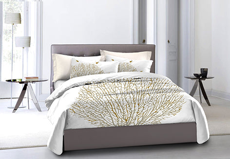 Set Copripiumino Federe Bifaccia Coralli 3 Pesci Parure Copripiumino in Cotone Made in Italy Coralli 3 Pesci Ocra / Bianco