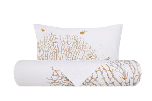 Set Copripiumino Federe Bifaccia Parure Copripiumino stampa digitale 100% Cotone, Made in Italy CORALLI E PESCI OCRA/BIANCO
