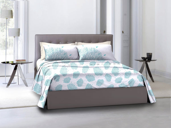 Set 2 federe coppia di federe bifaccia doubleface stampa digitale 100% cotone, Made in Italy CORALLI 3 PESCI AZZURRO / BIANCO - Vanita di raso