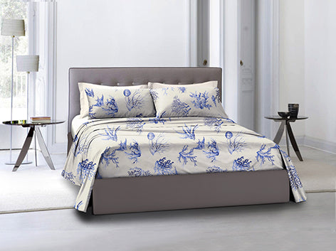 Completo letto lenzuola federe bifaccia double face stampa digitale in cotone made in italy  CORALLI BLU /NATURALE