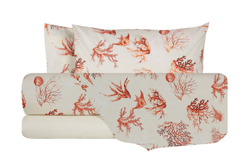 Completo letto lenzuola federe stampa digitale 100% cotone, made in italy CORALLO ROSSO/NATURALE