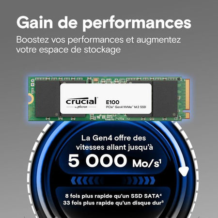 SSD interno - CRUCIAL - E100 - 480 GB - PCIe Gen4 NVMe M.2 - Fino a 470 MB/s