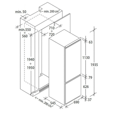 Candy cnbqt3719ew frigorifero combinato da incasso 70 cm 282 lt altezza 193 cm total no frost, classe e