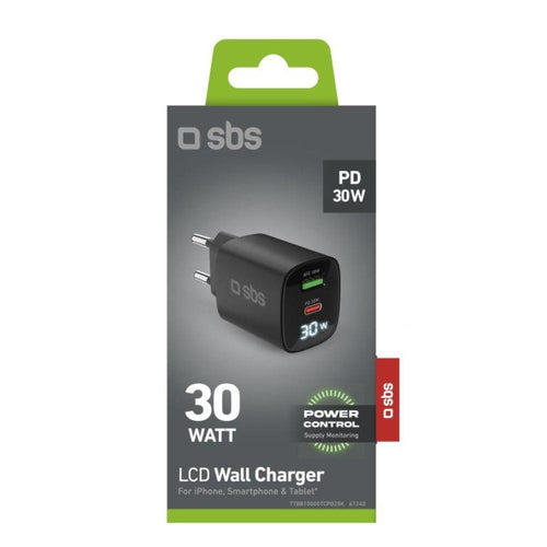 Caricabatterie 30W 1 USB-C e 1 USB-A Nero SBS TETRGANLCD1USB1C30K
