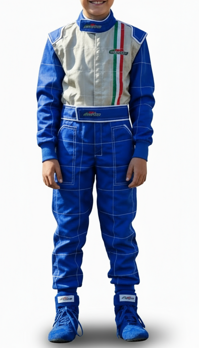Go Kart Sc. 40% Tuta Intera Bambino Ragazzo Blu Argento Tuta Go Kart Professionale Bandiera Italiana